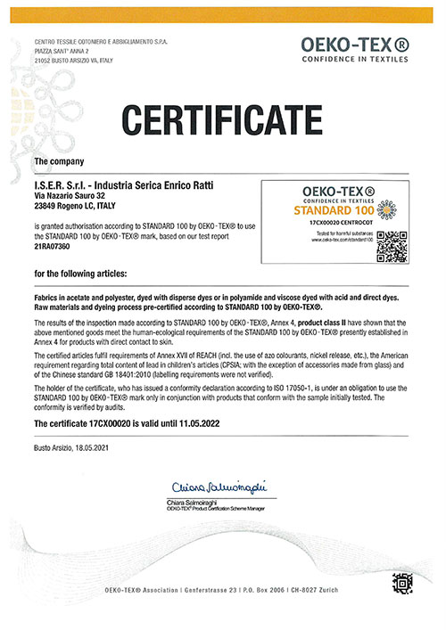 Iser Tessuti - Iser Tessuti Certificazione Oeko Tex Standard 100